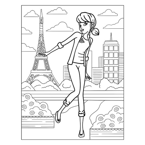 Marinette Dupain-Cheng in Paris Coloring Page free printable Miraculous Ladybug and Cat Noir Coloring Pages coloring page