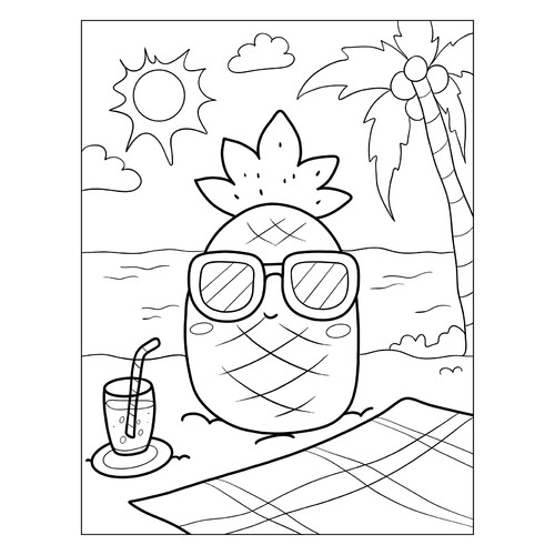 Pineapple in Sunglasses on the Beach Coloring Page free printable Summer Coloring Pages coloring page