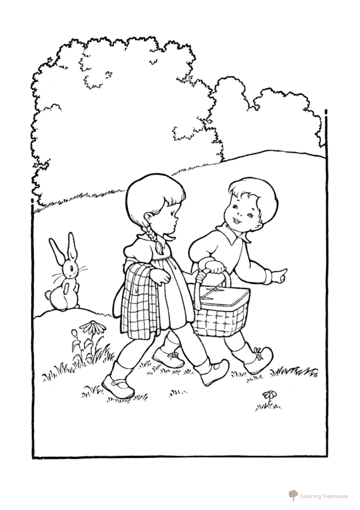 Dibujos para colorear: Niños van de picnic dibujo para colorear gratis de Páginas para colorear: verano