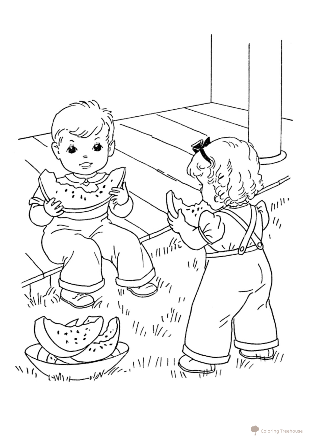 Kids with Watermelon Coloring Page free printable Summer Coloring Pages coloring page