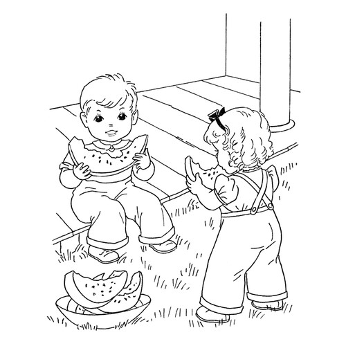 Kids with Watermelon Coloring Page free printable Summer Coloring Pages coloring page