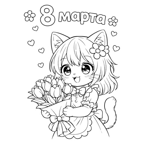 Página para colorear «Gatita anime con ramo para el 8 de marzo» dibujo para colorear gratis de Páginas para colorear del 8 de marzo
