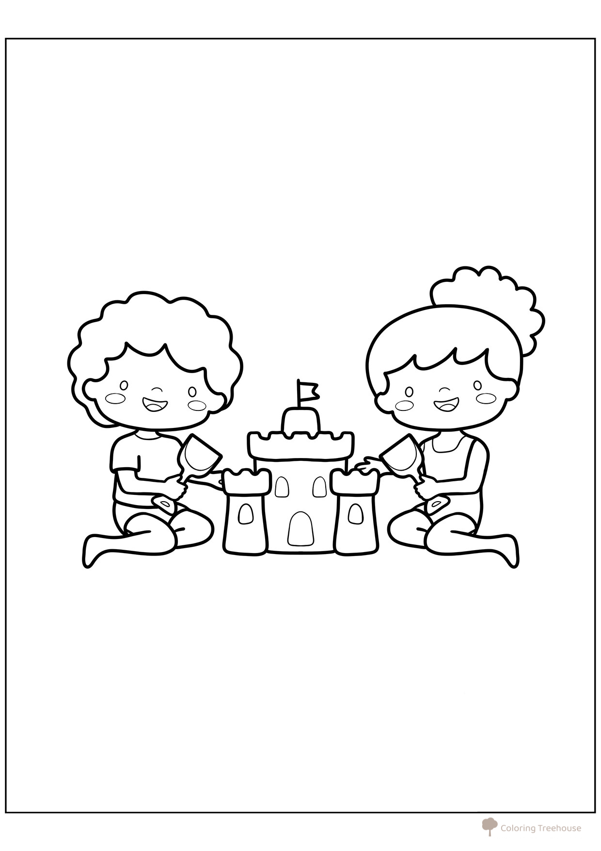 Dibujos para colorear «Niña y niño construyen un castillo de arena» dibujo para colorear gratis de Páginas para colorear: verano