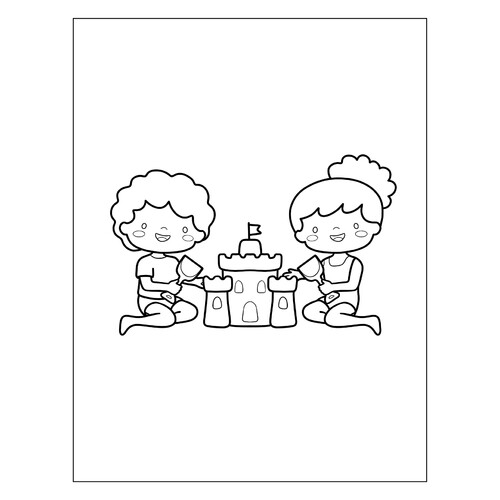 Dibujos para colorear «Niña y niño construyen un castillo de arena» dibujo para colorear gratis de Páginas para colorear: verano