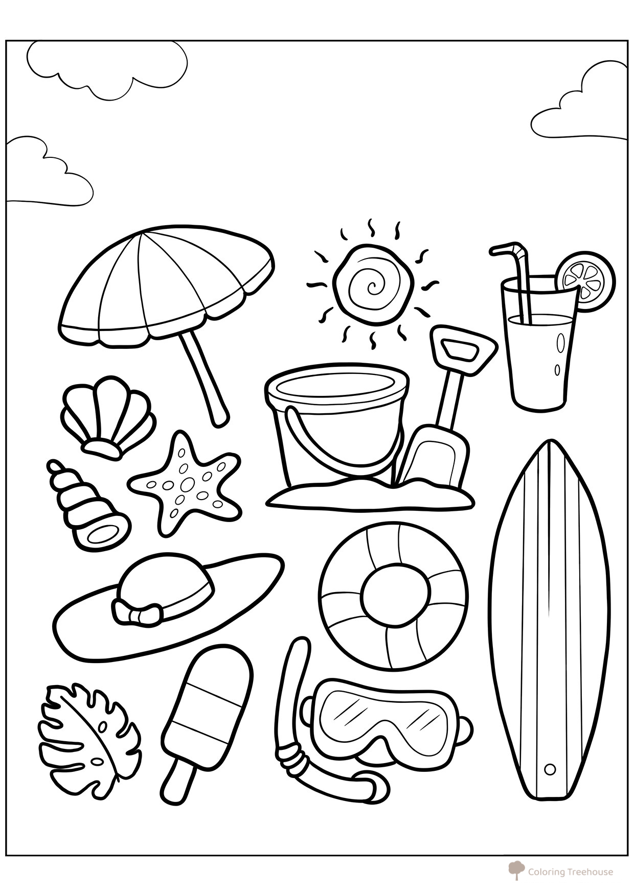 Página para colorear «Accesorios de verano» dibujo para colorear gratis de Páginas para colorear: verano