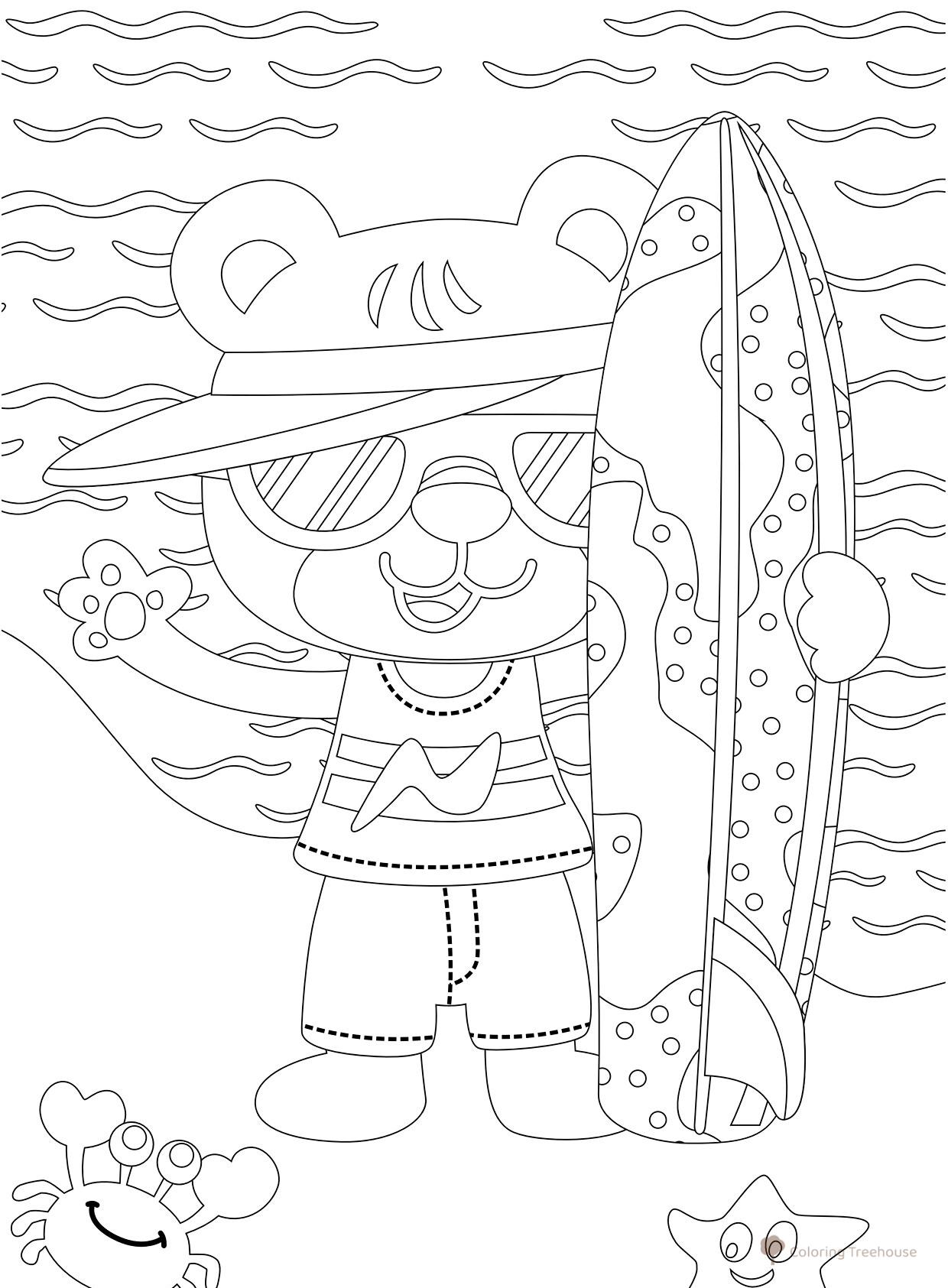 Bear with a Surfboard Coloring Page free printable Summer Coloring Pages coloring page