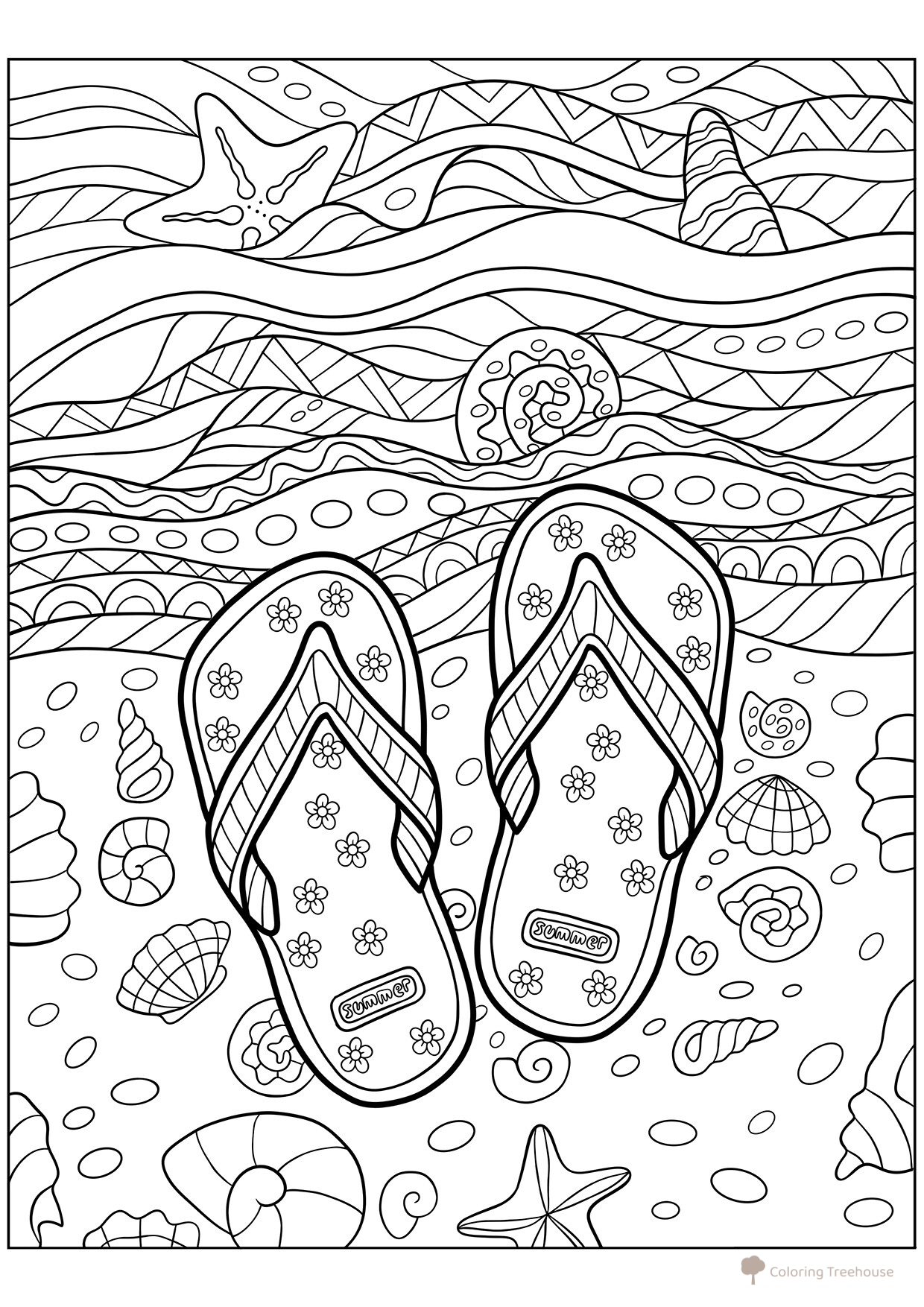Páginas para colorear: Chanclas, conchas y mar dibujo para colorear gratis de Páginas para colorear: verano
