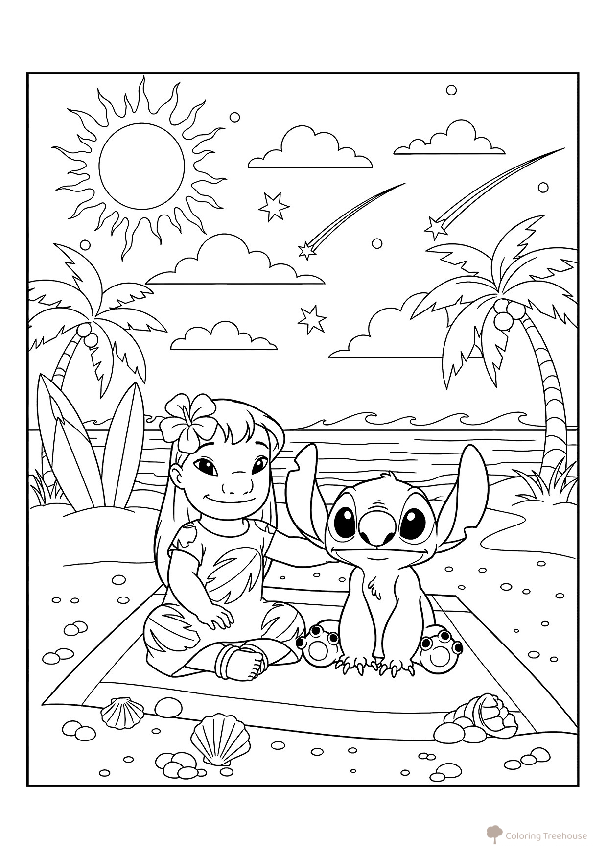 Lilo y Stitch en la playa — página para colorear dibujo para colorear gratis de Páginas para colorear de Lilo y Stitch