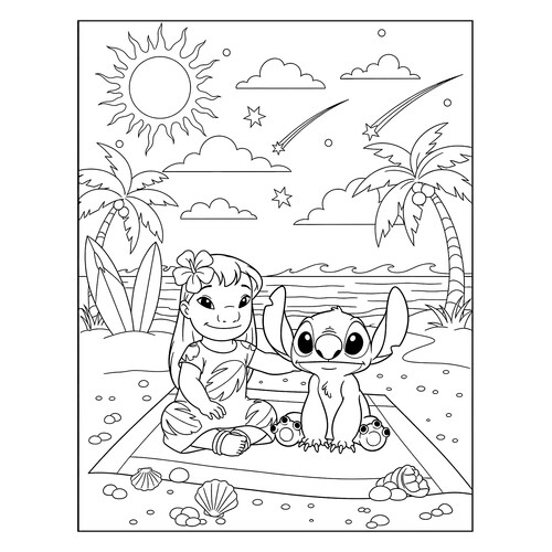 Lilo y Stitch en la playa — página para colorear dibujo para colorear gratis de Páginas para colorear de Lilo y Stitch