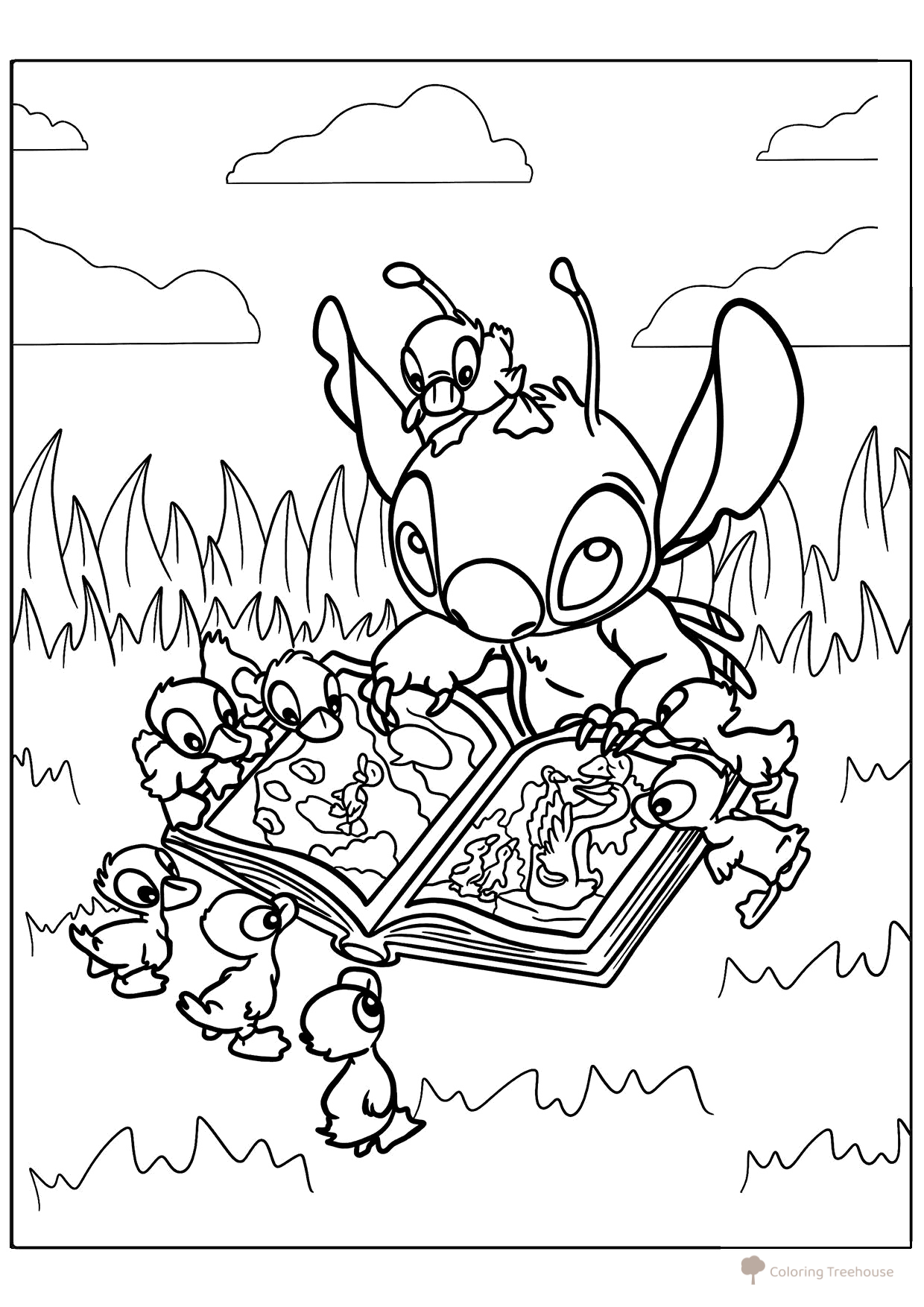 Coloring Page: Stitch and Ducklings Read a Book free printable Lilo and Stitch Coloring Pages coloring page