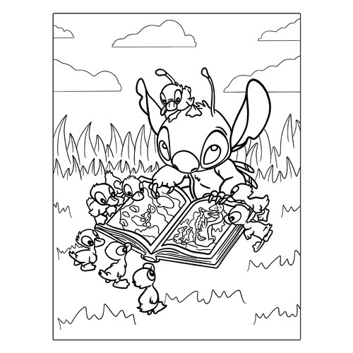 Coloring Page: Stitch and Ducklings Read a Book free printable Lilo and Stitch Coloring Pages coloring page