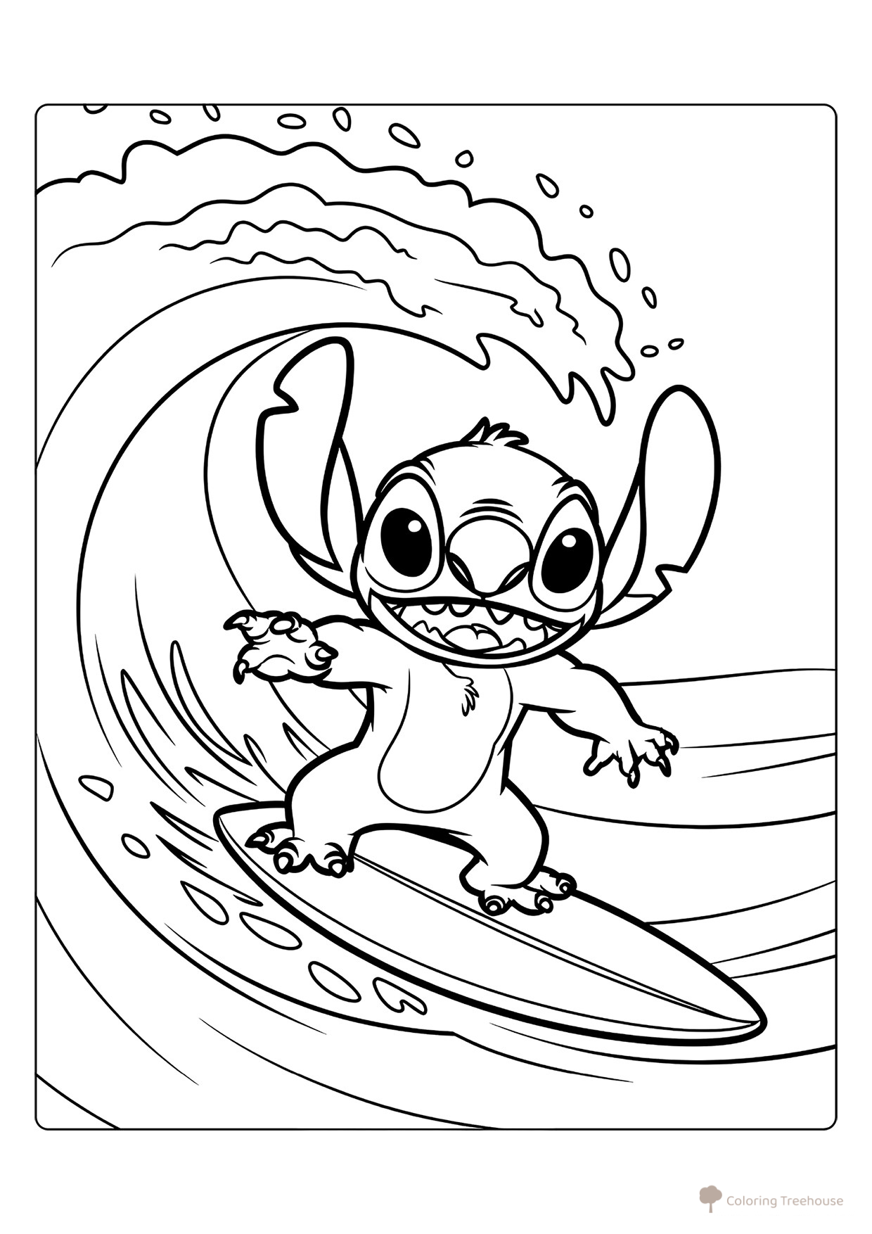 Página para colorear «Stitch en tabla de surf» dibujo para colorear gratis de Páginas para colorear de Lilo y Stitch