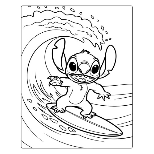 Página para colorear «Stitch en tabla de surf» dibujo para colorear gratis de Páginas para colorear de Lilo y Stitch