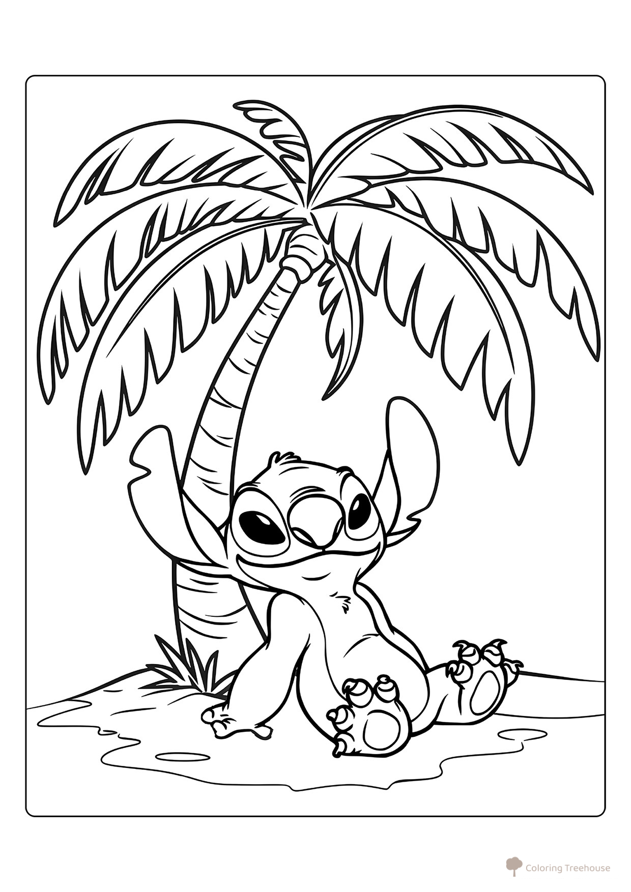Página para colorear «Stitch bajo la palmera» dibujo para colorear gratis de Páginas para colorear de Lilo y Stitch