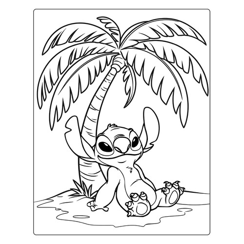 Página para colorear «Stitch bajo la palmera» dibujo para colorear gratis de Páginas para colorear de Lilo y Stitch