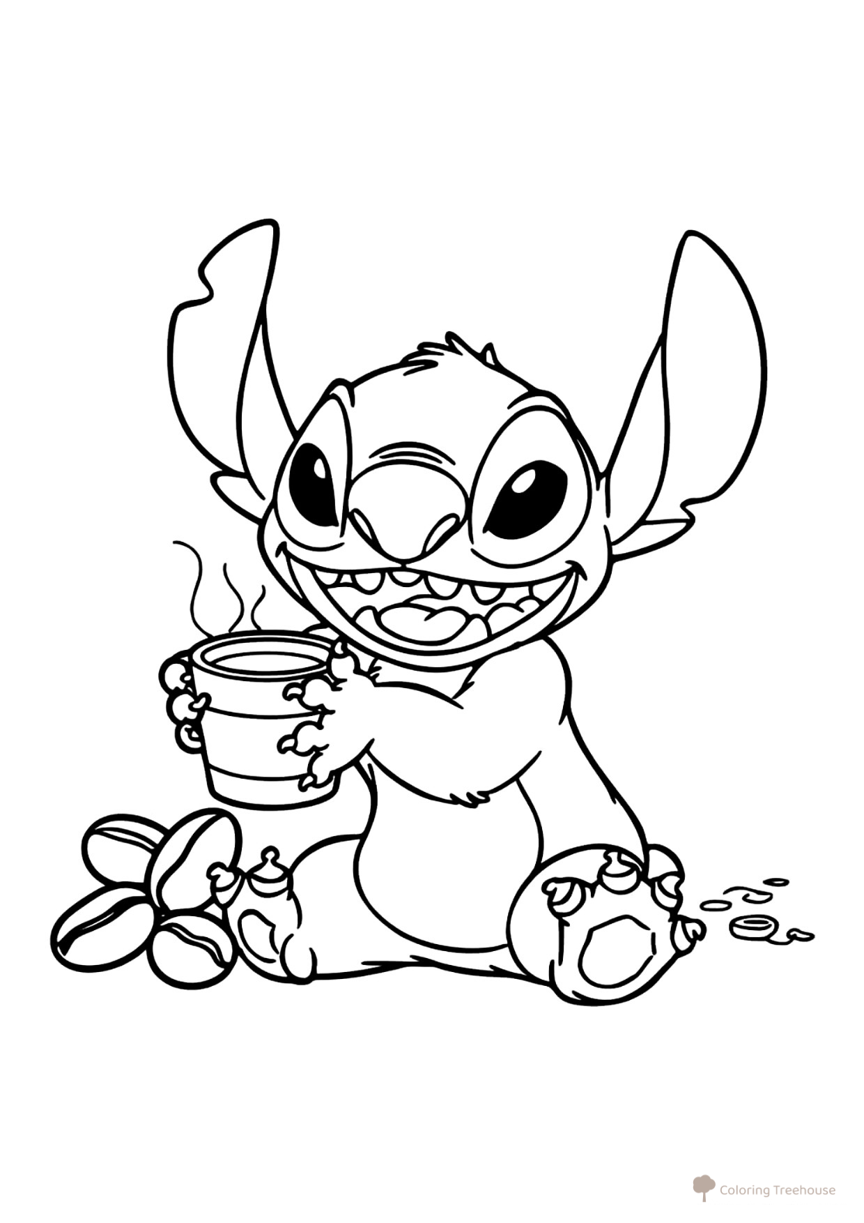Stitch with a Cup of Coffee Coloring Page free printable Lilo and Stitch Coloring Pages coloring page
