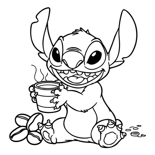 Página para colorear «Stitch con taza de café» dibujo para colorear gratis de Páginas para colorear de Lilo y Stitch