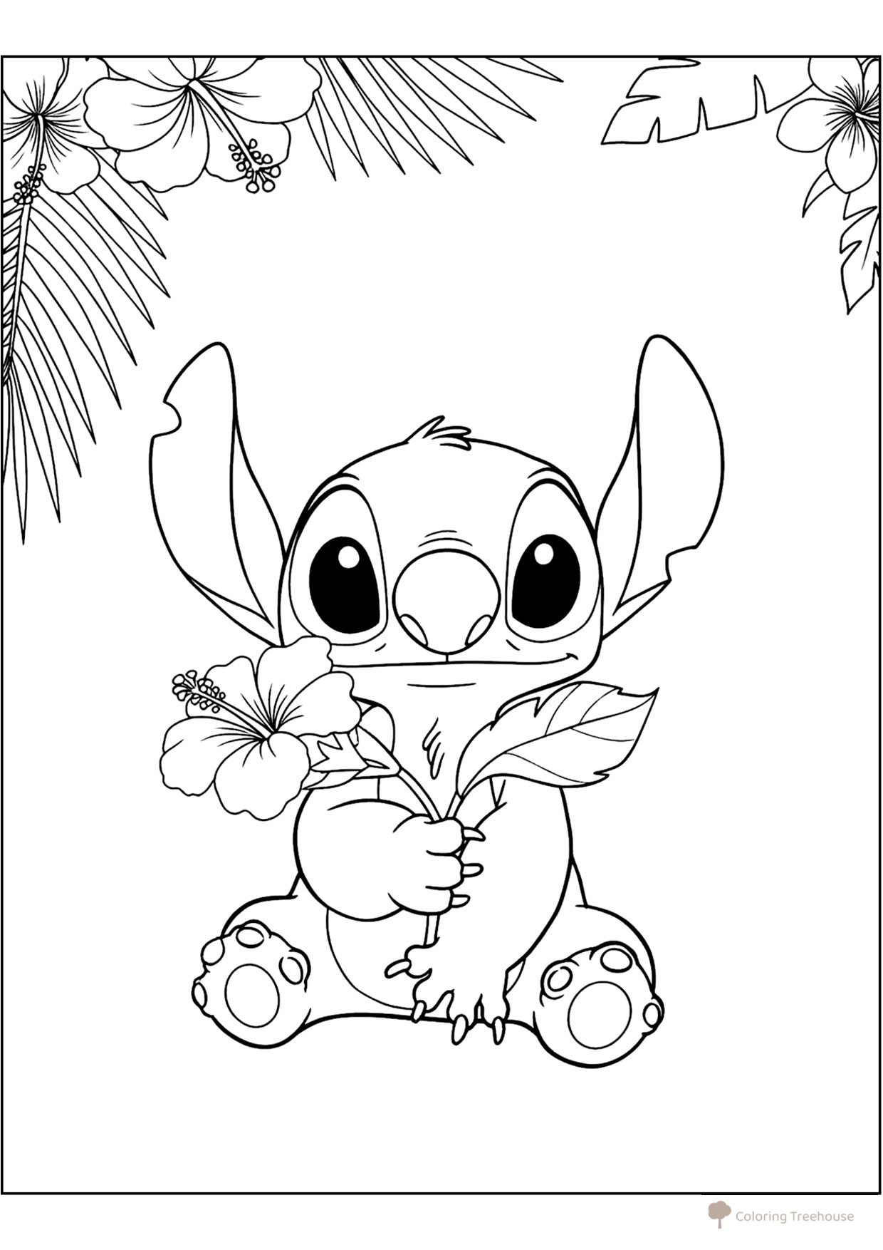 Página para colorear «Stitch con flores» dibujo para colorear gratis de Páginas para colorear de Lilo y Stitch
