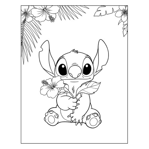 Página para colorear «Stitch con flores» dibujo para colorear gratis de Páginas para colorear de Lilo y Stitch