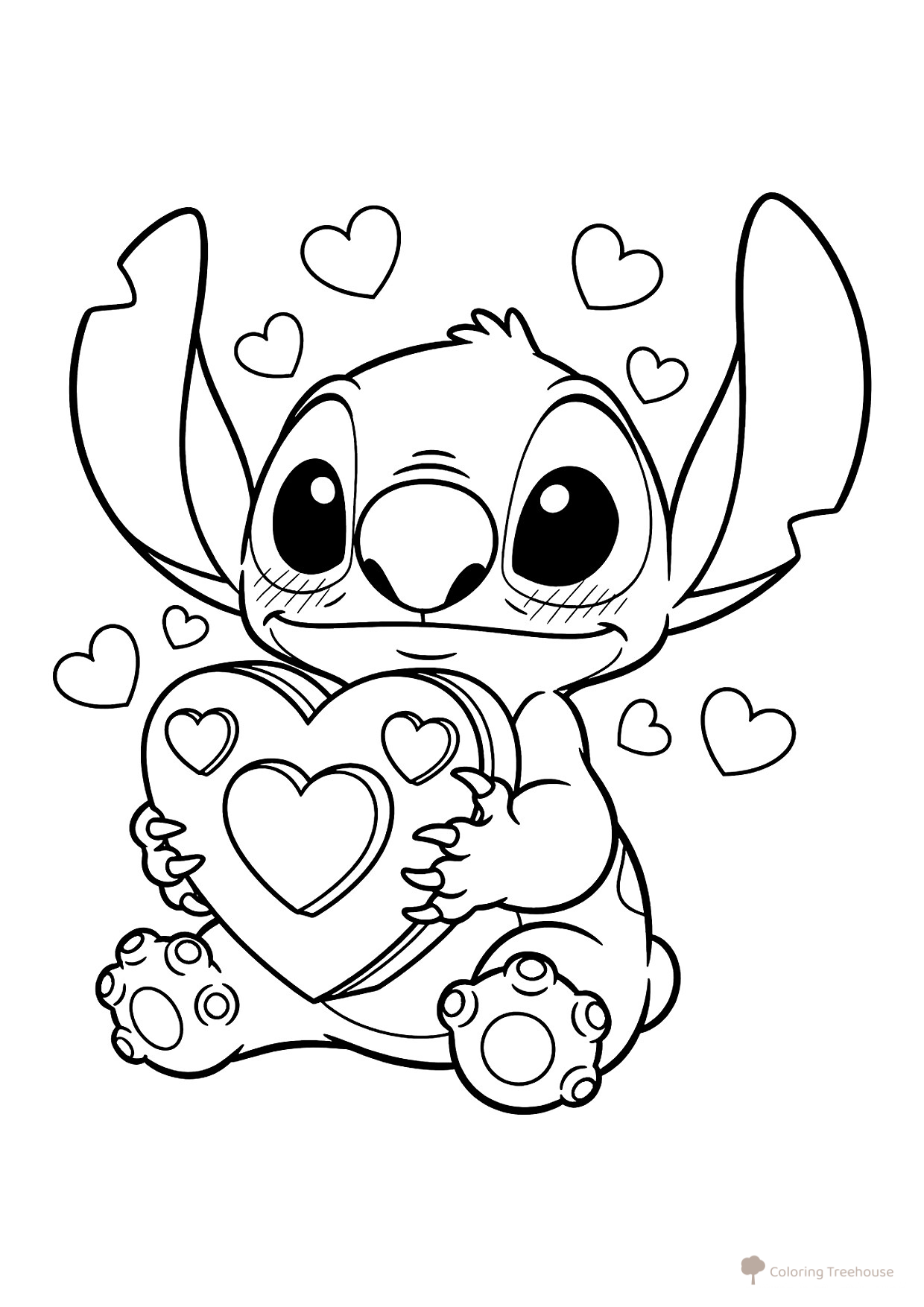 Página para colorear: Stich con tarjeta de San Valentín dibujo para colorear gratis de Páginas para colorear de Lilo y Stitch