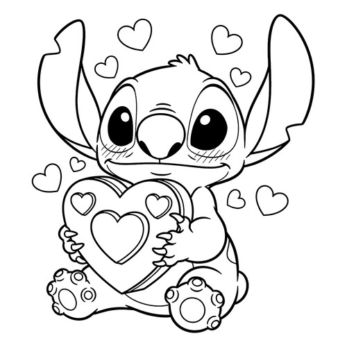 Página para colorear: Stich con tarjeta de San Valentín dibujo para colorear gratis de Páginas para colorear de Lilo y Stitch
