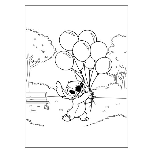Dibujo para colorear «Stitch con globos» dibujo para colorear gratis de Páginas para colorear de Lilo y Stitch