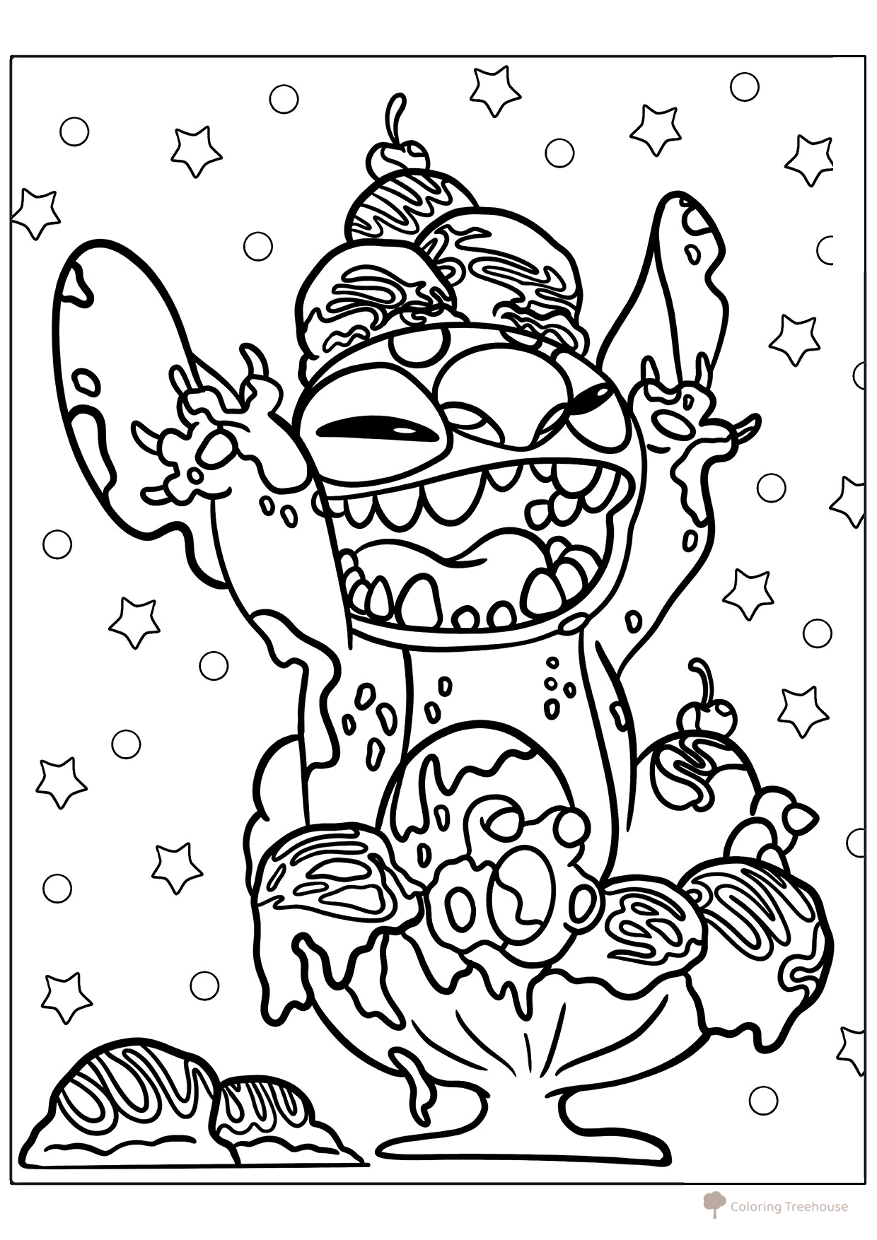 Página para colorear «Stitch en una copa de helado» dibujo para colorear gratis de Páginas para colorear de Lilo y Stitch