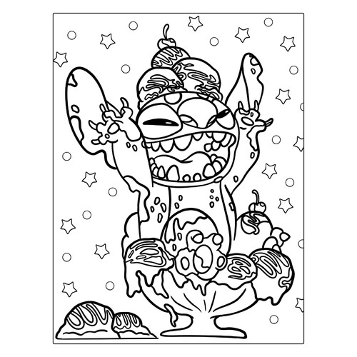 Página para colorear «Stitch en una copa de helado» dibujo para colorear gratis de Páginas para colorear de Lilo y Stitch