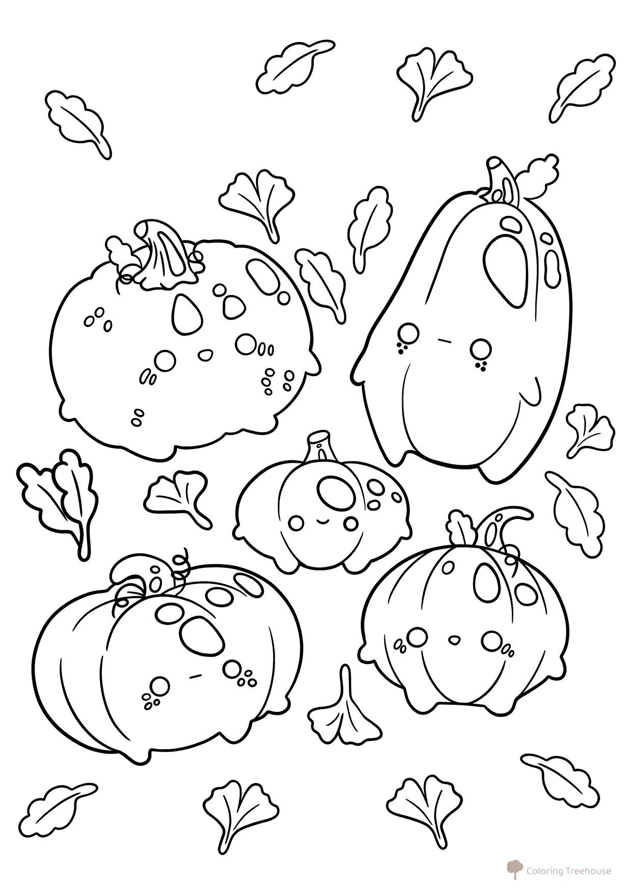 Página para colorear Kawaii: calabacitas y hojitas dibujo para colorear gratis de Páginas para colorear: hojas de árboles