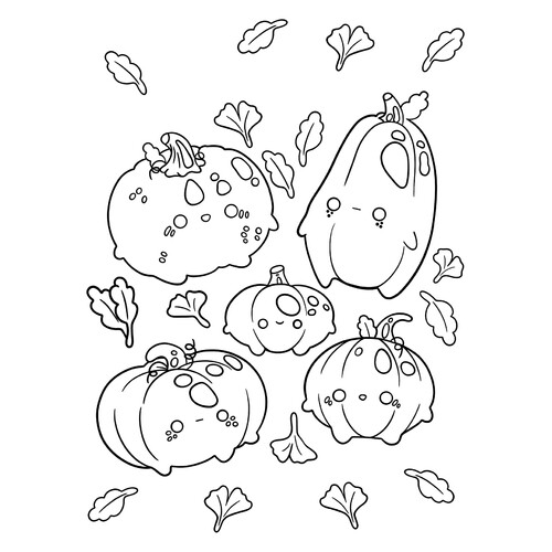 Kawaii Pumpkins and Leaves Coloring Page free printable Leaf Coloring Pages coloring page