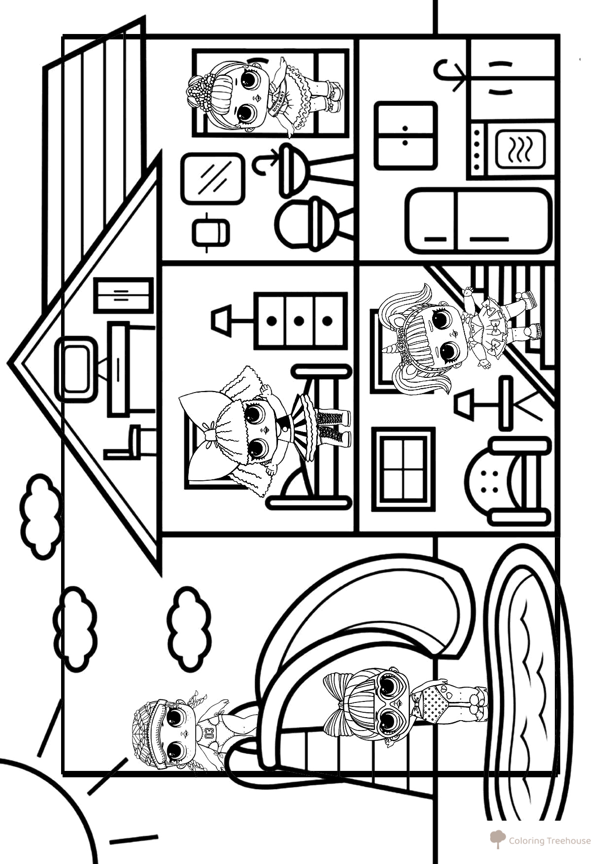 Página para colorear: casita LOL con tobogán y piscina dibujo para colorear gratis de Páginas para colorear de las muñecas L.O.L.