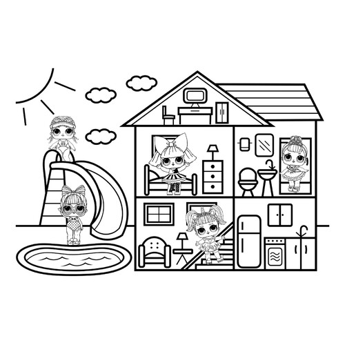 Página para colorear: casita LOL con tobogán y piscina dibujo para colorear gratis de Páginas para colorear de las muñecas L.O.L.
