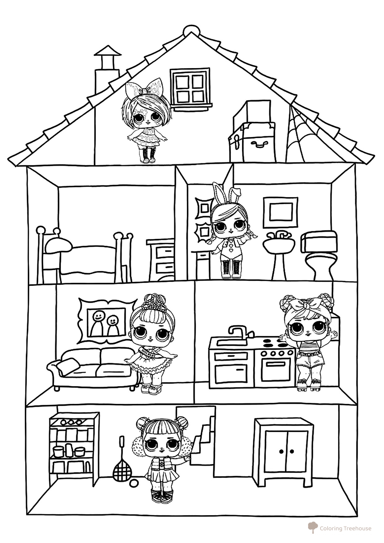 Three-Story LOL Dollhouse Coloring Page free printable L.O.L. Doll Coloring Pages coloring page