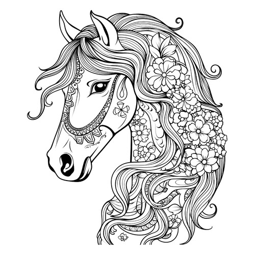 Art Therapy Coloring Page — Horse Head with Flowers free printable Horse and Pony Coloring Pages coloring page