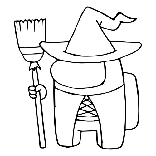Among Us Witch with Broomstick for Halloween Coloring Page free printable Among Us Coloring Pages coloring page
