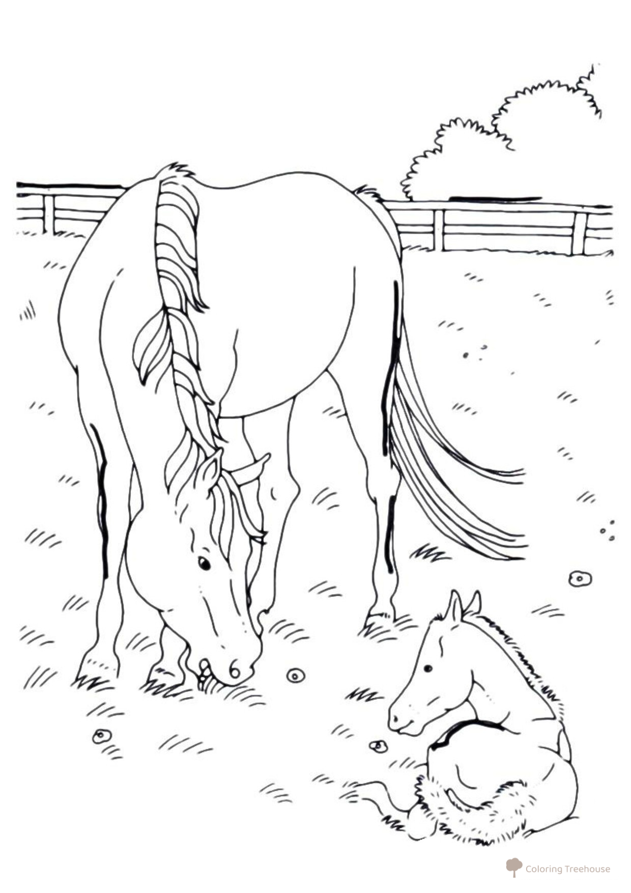 Página para colorear: Caballo con su cría dibujo para colorear gratis de Páginas para colorear: caballos y ponis