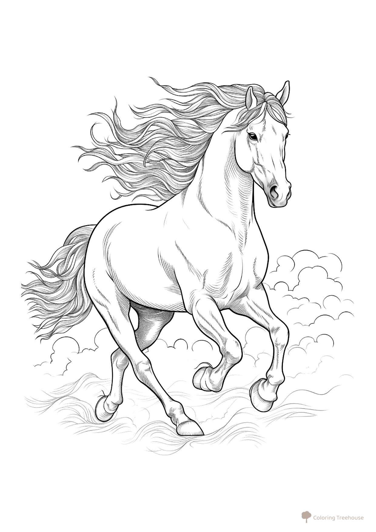 Página para colorear: Semental con hermosa crin dibujo para colorear gratis de Páginas para colorear: caballos y ponis