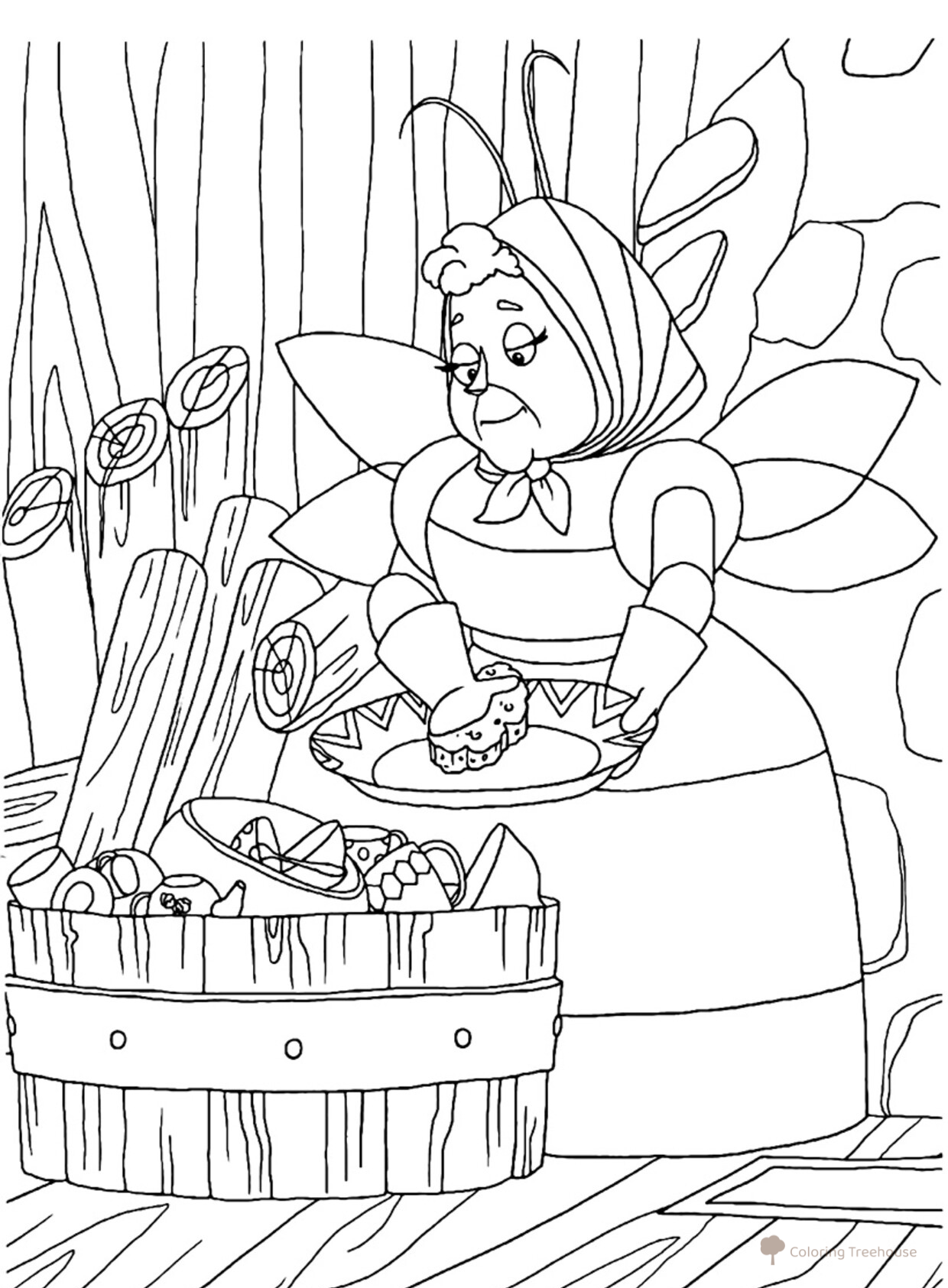 Página para colorear: Baba Kapa lavando los platos dibujo para colorear gratis de Luntik y sus amigos - páginas para colorear