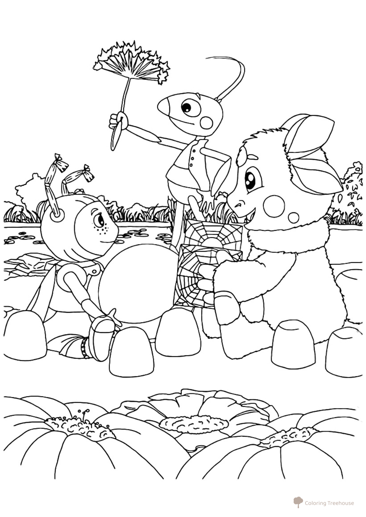 Luntik Coloring Page: Mila, Kuzya and the Box free printable Luntik and Friends Coloring Pages coloring page