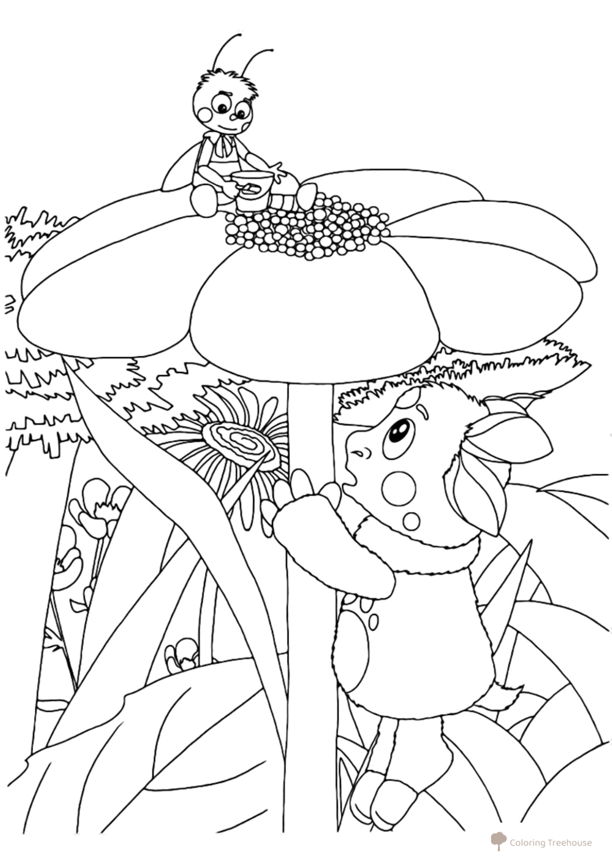 Luntik trepando por una flor - página para colorear dibujo para colorear gratis de Luntik y sus amigos - páginas para colorear