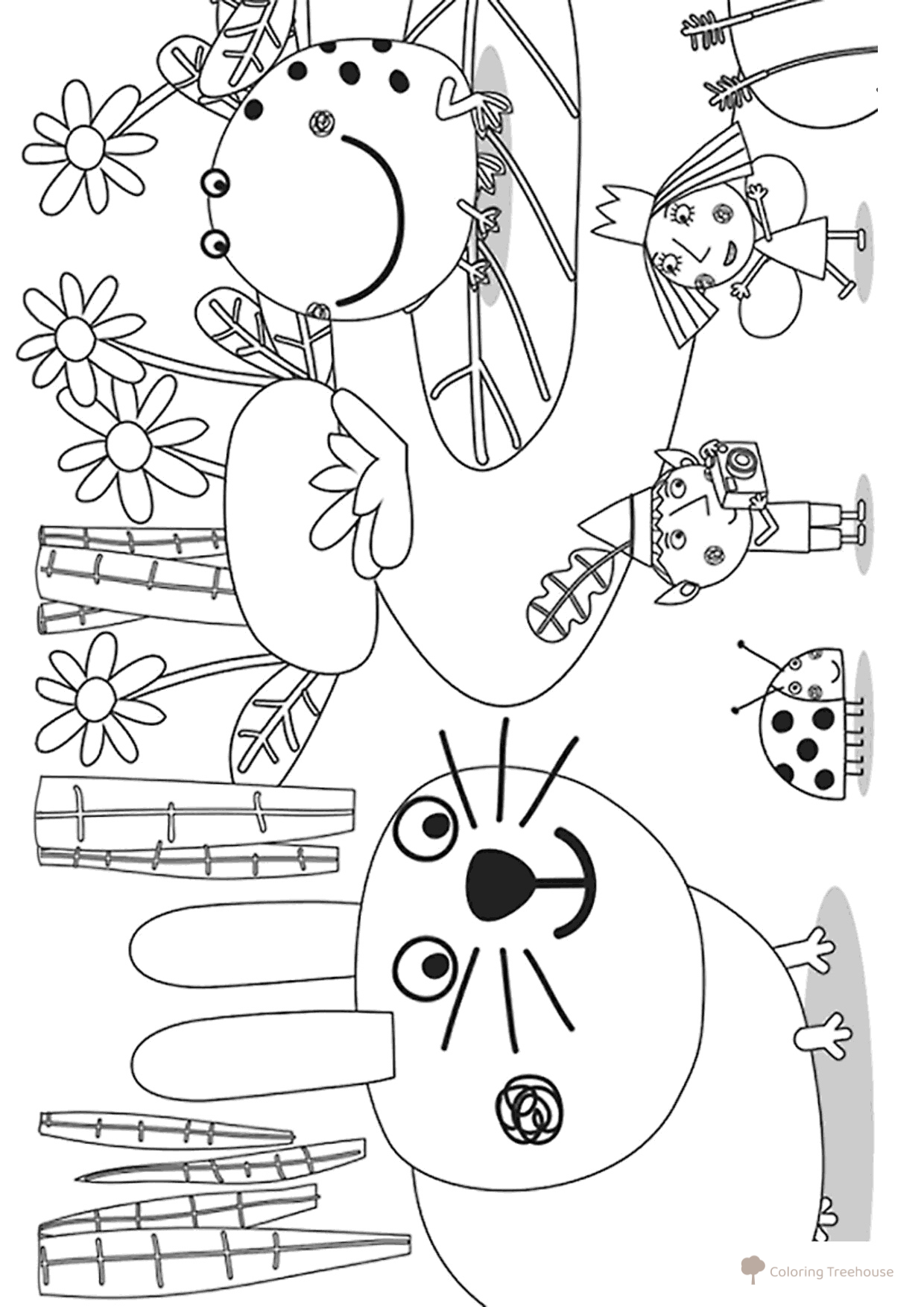 Página para colorear: Ben y Holly junto al estanque dibujo para colorear gratis de Páginas para colorear de Ben y Holly
