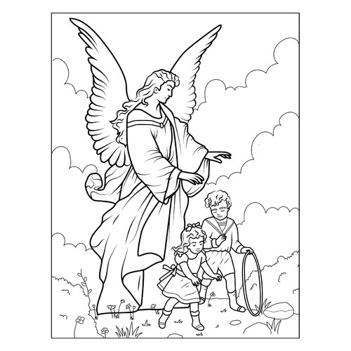 Página para colorear: Ángel guardián y niños dibujo para colorear gratis de Páginas para colorear de ángeles