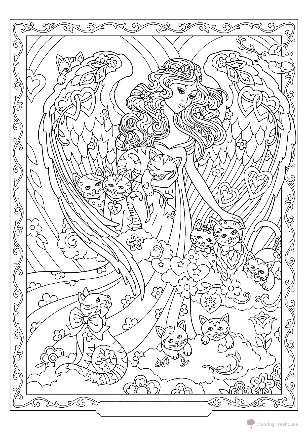 Página para colorear: Ángel guardián de los gatos dibujo para colorear gratis de Páginas para colorear de ángeles