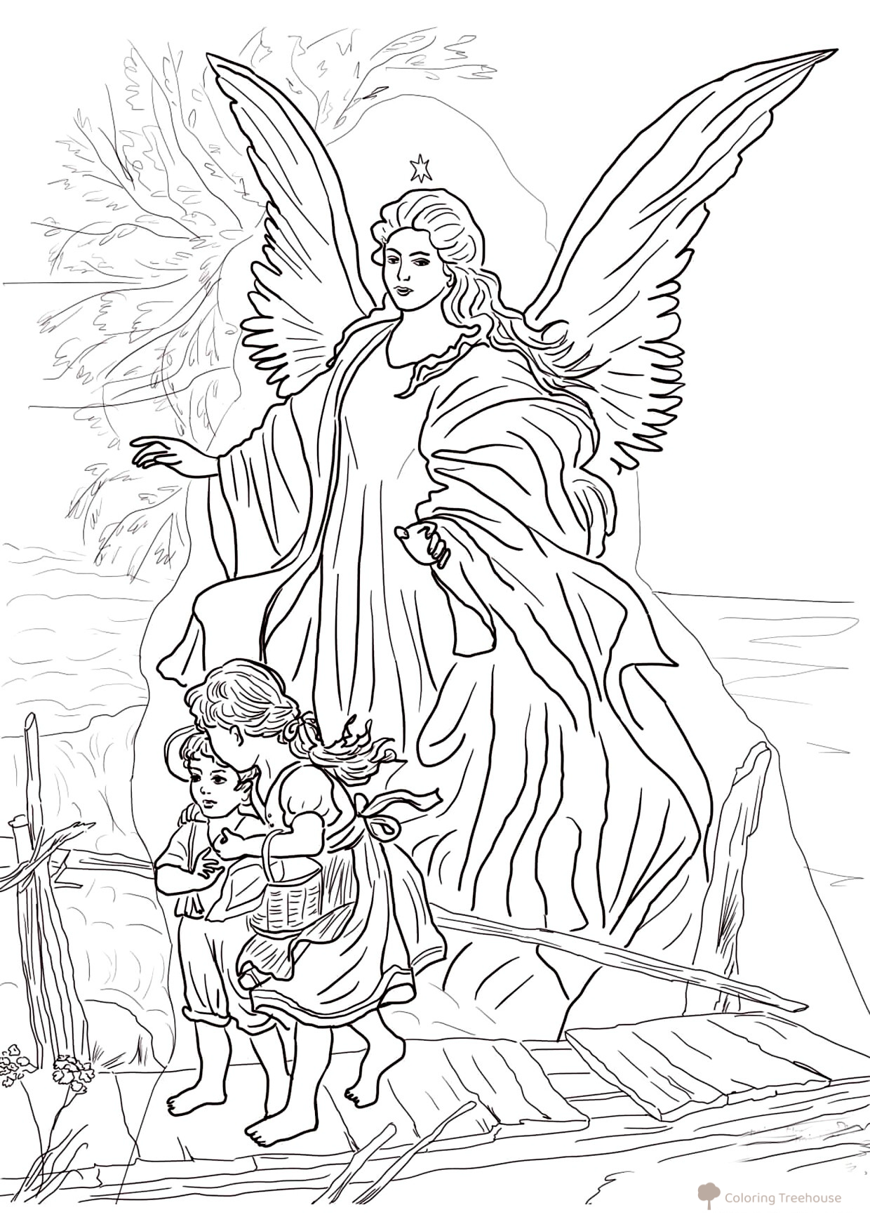 Página para colorear: Ángel guardián protege a los niños dibujo para colorear gratis de Páginas para colorear de ángeles