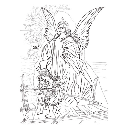 Página para colorear: Ángel guardián protege a los niños dibujo para colorear gratis de Páginas para colorear de ángeles