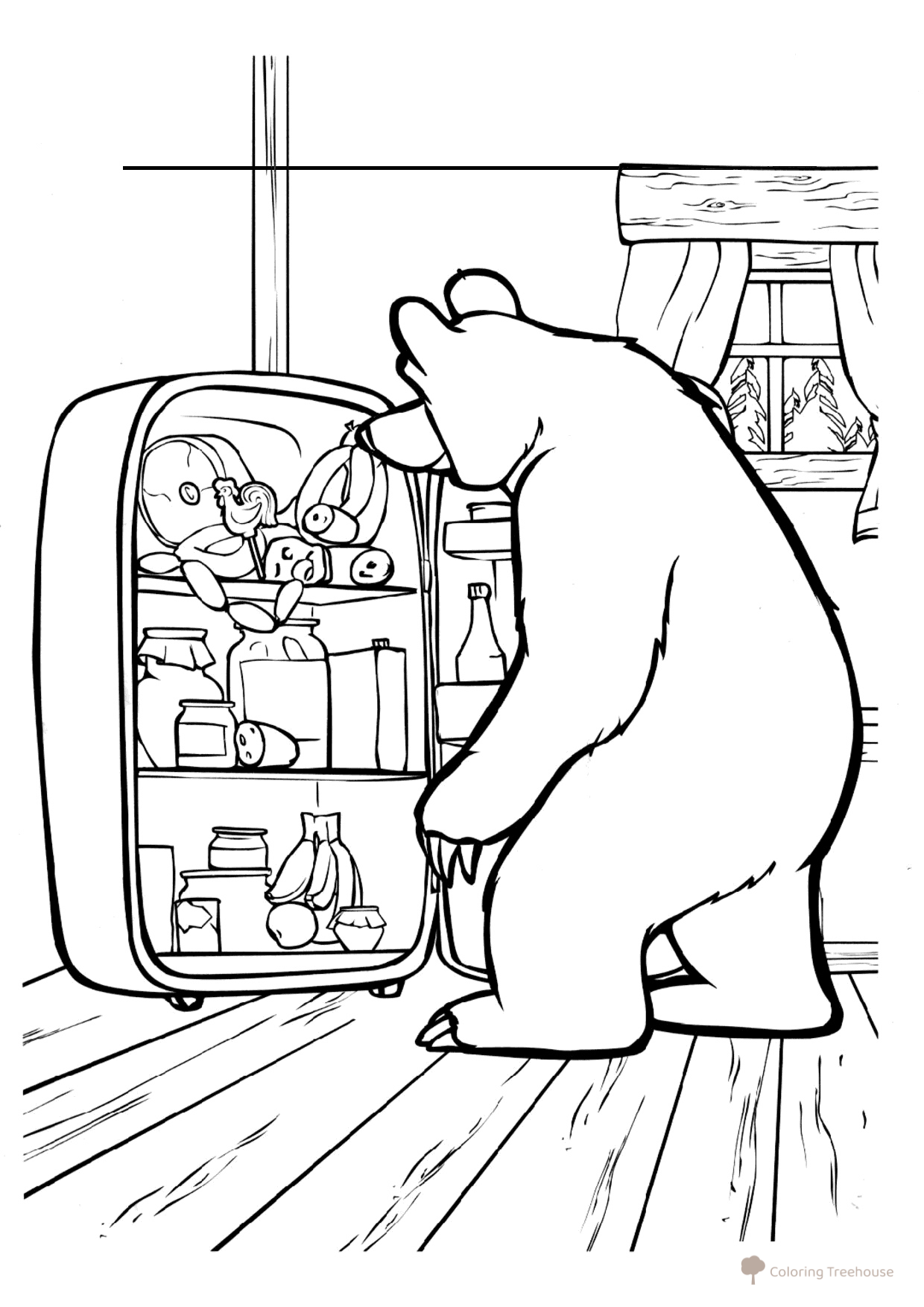 Página para colorear: ¿Qué busca el oso en la nevera? dibujo para colorear gratis de Páginas para colorear de Masha y el Oso