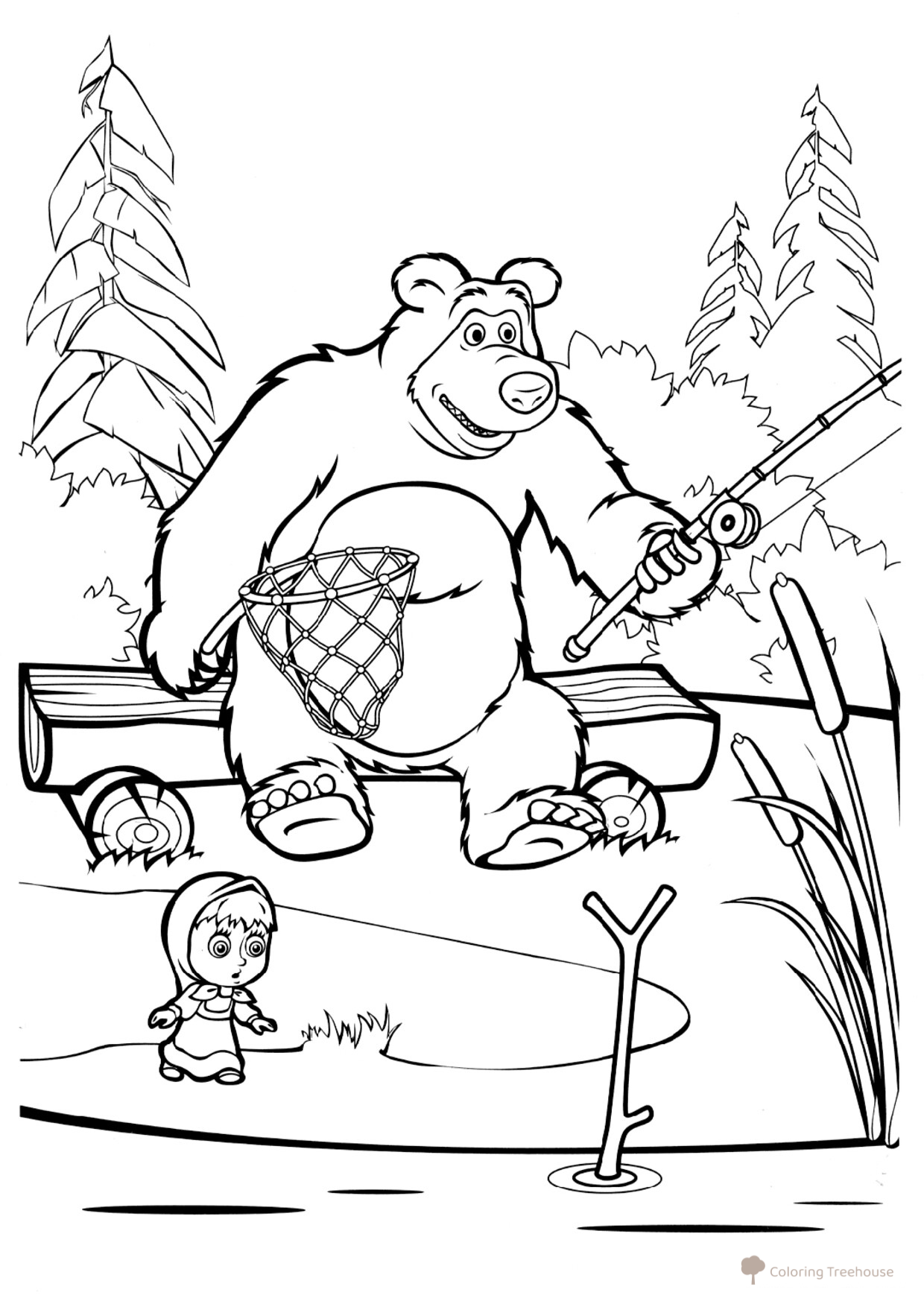 Página para colorear: Masha y el Oso pescando dibujo para colorear gratis de Páginas para colorear de Masha y el Oso
