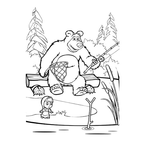 Página para colorear: Masha y el Oso pescando dibujo para colorear gratis de Páginas para colorear de Masha y el Oso