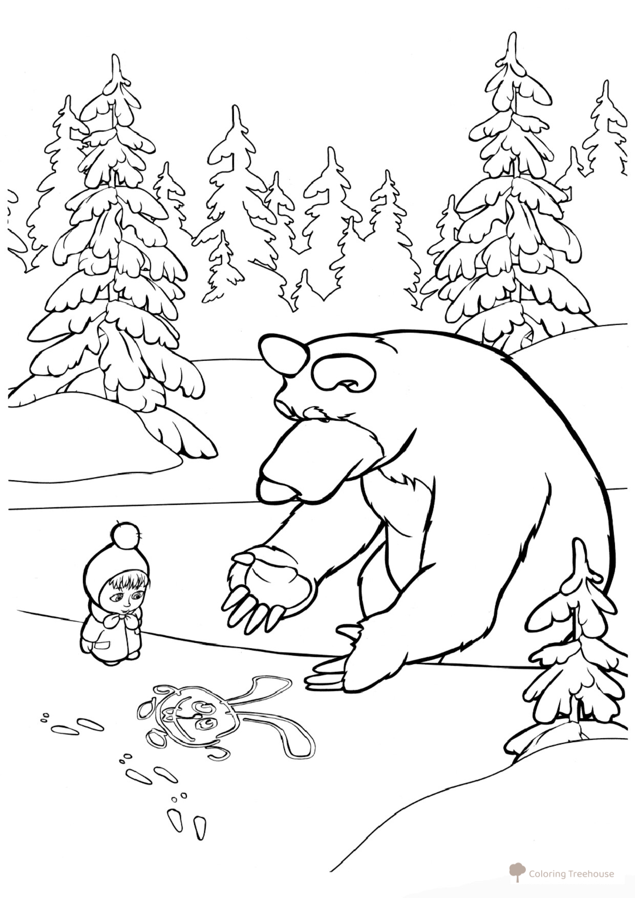 Masha and the Bear Coloring Page — Drawing in the Snow free printable Masha and the Bear Coloring Pages coloring page