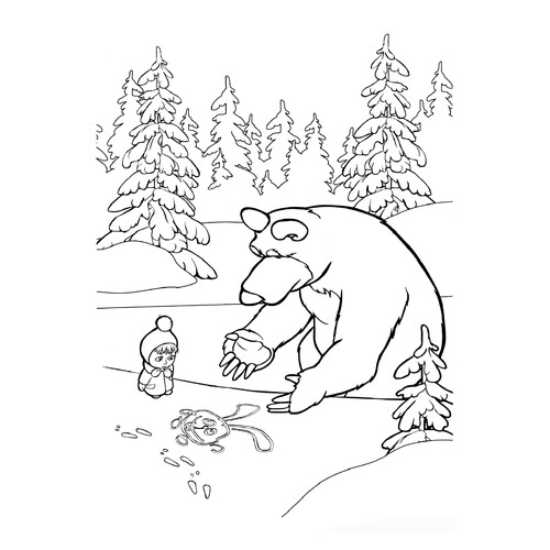 Masha and the Bear Coloring Page — Drawing in the Snow free printable Masha and the Bear Coloring Pages coloring page